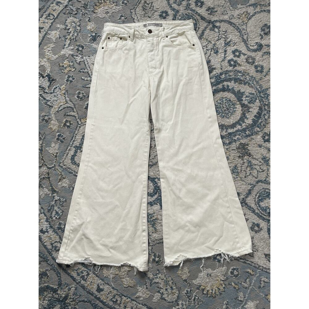 Tractr Wide Leg Flare Jeans 4/27 Off White Distressed Hem High Rise Retro Y2K